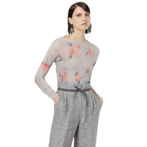 EMPORIO ARMANI Printed Micro Floral Plisse Top Stretch Boat Neck Size S EUC